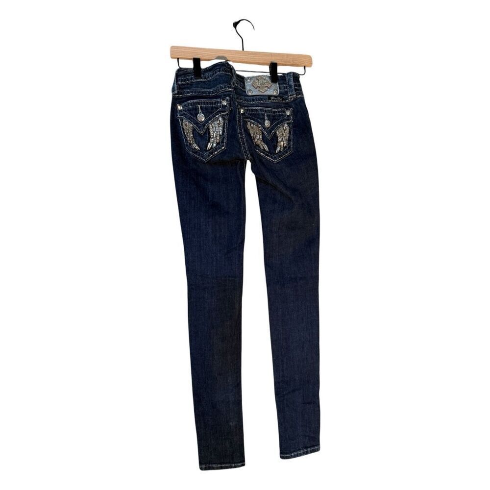 Miss Me Angel Wing Bling Embellished Flap Pocket Skinny Jeans Dark Denim Size 24
